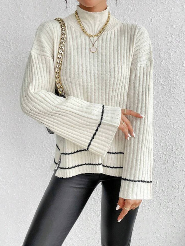 2024秋の服の女性ニットセーター欧米アマゾンの源メーカーのカジュアルなつなぎ合わせは色のゆるい長袖にぶつかった|undefined