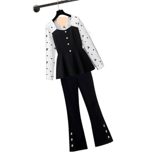 Slimming Set for Women with Plus Size Style, Spring and Autumn 2025, for Chubby Sisters, Tummy Covering, Waist Cinching Shirt, Bell Bottom Pants