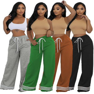 European and American Cross-border Women's Spring and Autumn Fashion Striped Drawstring Stitching Pocket Loose Casual Wide Leg Pants Trousers