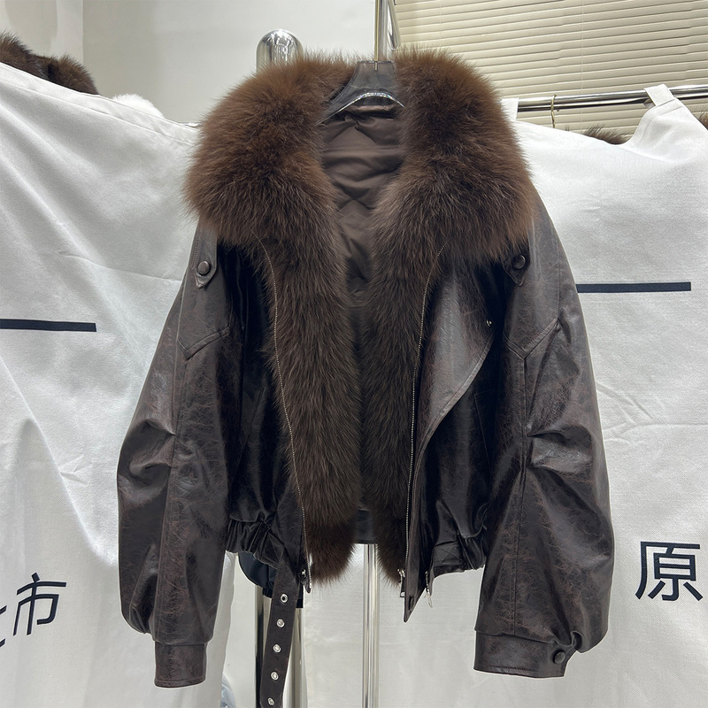 Leather jacket, goose down coat, fox fur trim, short down jacket, women's, lightweight luxury design, windproof fur coat, trendy