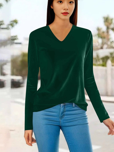 European and American gold velvet bottomed shirt, women's spring long-sleeved V-neck T-shirt, pure color, women's clothing, all-matching, slim fit and slimming