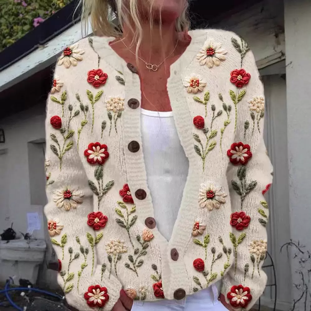 跨境外贸欧美新款上市 3D数码印花开衫针织外套春秋款女士7扣毛衣