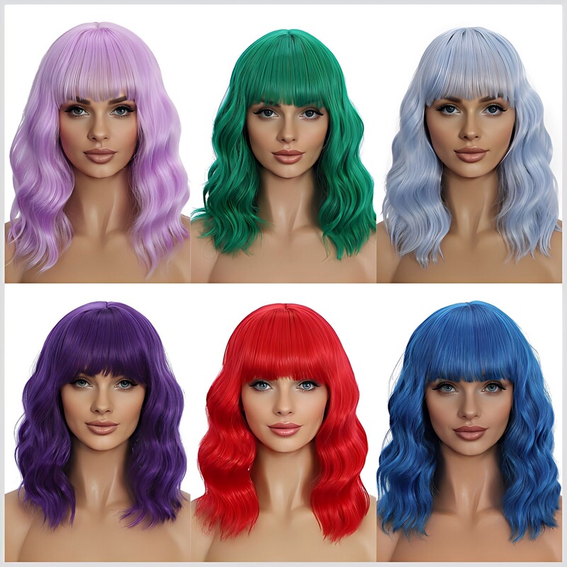 European and American Style Wigs for Women, Short Wavy Curly Hair, Multi-Colored Bob, Medium-Length with Bangs, Shoulder-Length Hair, Synthetic Fiber Full Wig