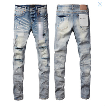 Foreign Trade Style Blue Ripped Slim-Fit Stretch Printed and Dyed Skinny Men's Jeans Trendy