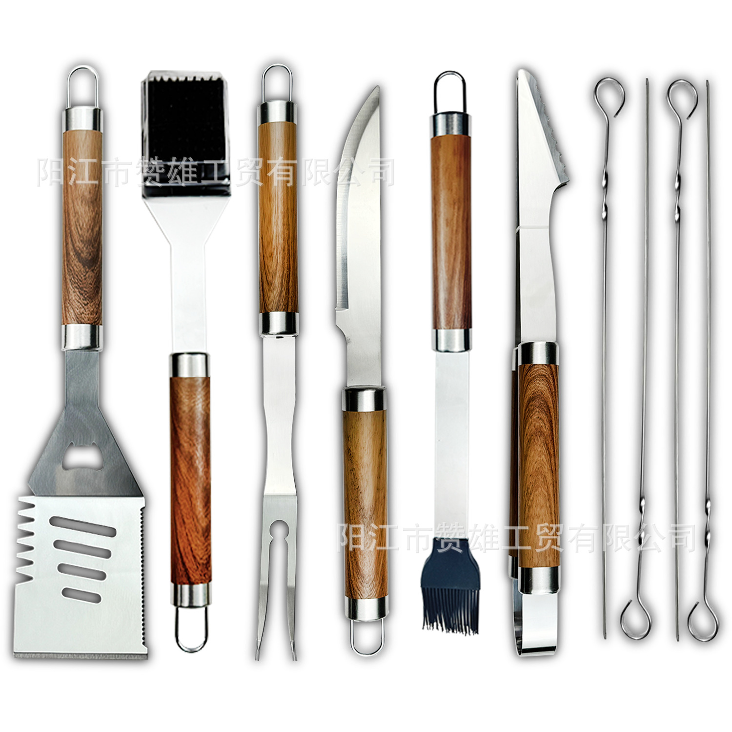 Juego de herramientas de barbacoa de mango de tubo grande de acero inoxidable de grano de madera Combinación de herramientas de barbacoa para exteriores Juego de barbacoa para hornear