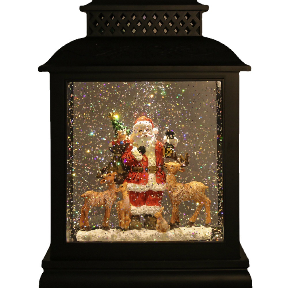梦幻圣诞飘雪LED发光内景复古扁风灯 圣诞老人麋鹿工艺品礼品摆件