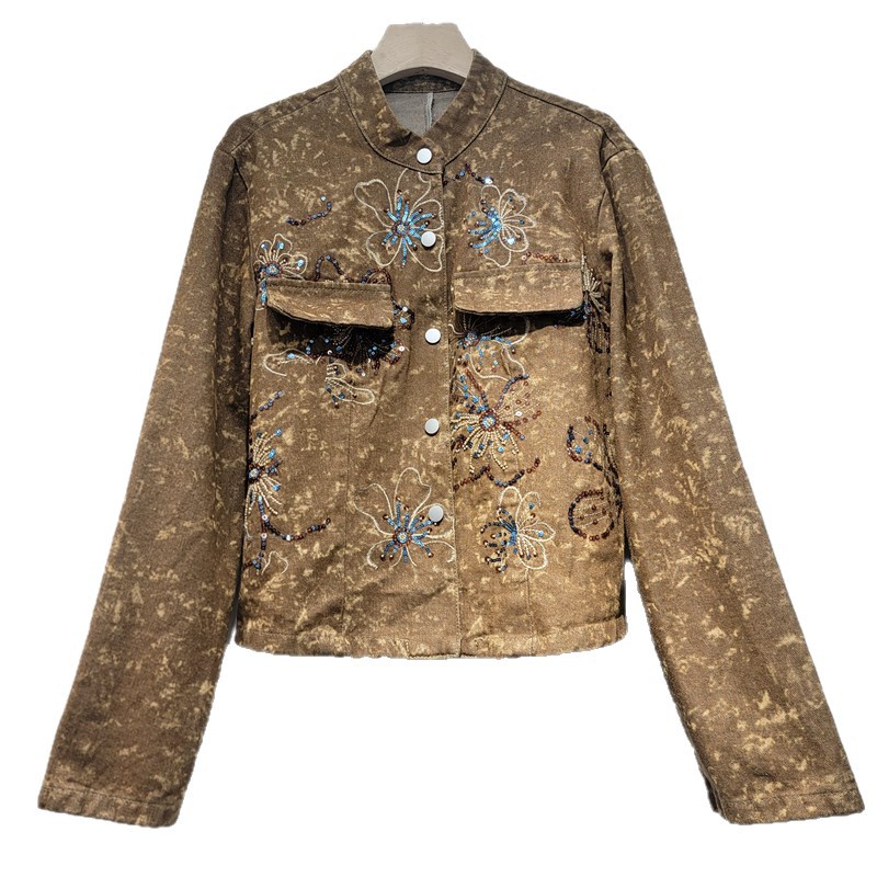 2026 primavera y otoño nuevo diseño de cuentas bordadas de industria pesada se siente lujoso cuello de lujo chaqueta denim de manga larga