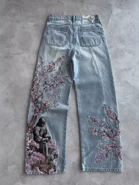 In-Stock European and American Heavy-Duty Floral Embroidery Jeans, Unisex Y2K High Street Fashion Street Style Straight-Leg Floor-Length Pants