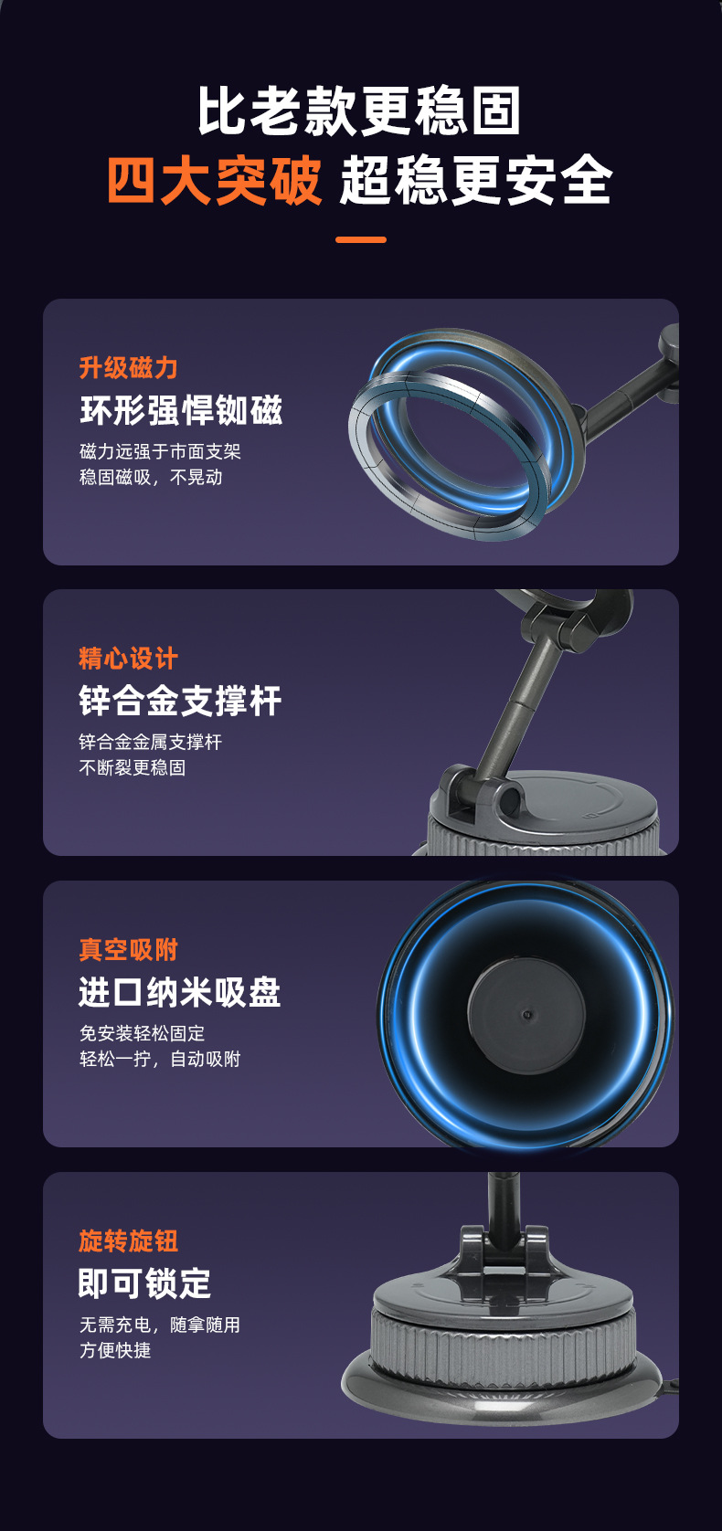 Double-sided magnetic phone holder with large suction cup, zinc alloy magnetic car vacuum suction navigation stand