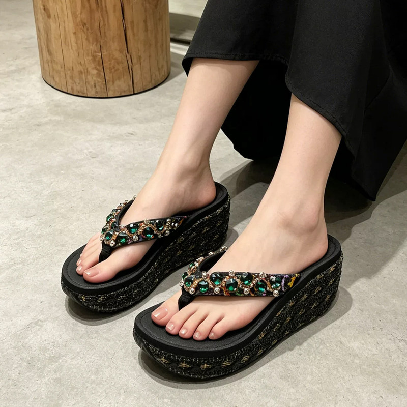 Rhinestone Thick-Soled Flip-Flops for Women, Summer Outdoor Platform Sandals, Beach Vacation Slippers, Height-Enhancing Women's Style