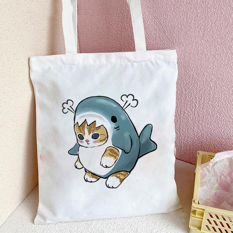 Kawaii Shark Cat Shark Cat print canvas bag shoulder bag folding Bag tote bag shopping bag cross border