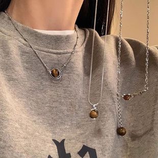 Maillard Retro Tiger Eye Stone Splicing Necklace Paired with Autumn and Winter Niche Design Sweater with Elegant and High-End Clavicle Double Layer
