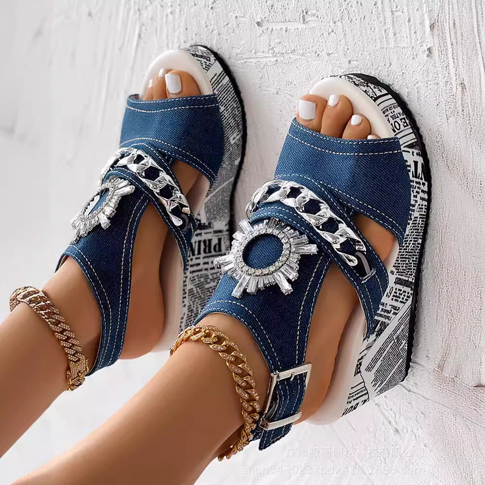 Women's Shoes women's new independent station raw edge one word buckle fish mouth wedge thick bottom printed women's sandals wholesale_voghion.com