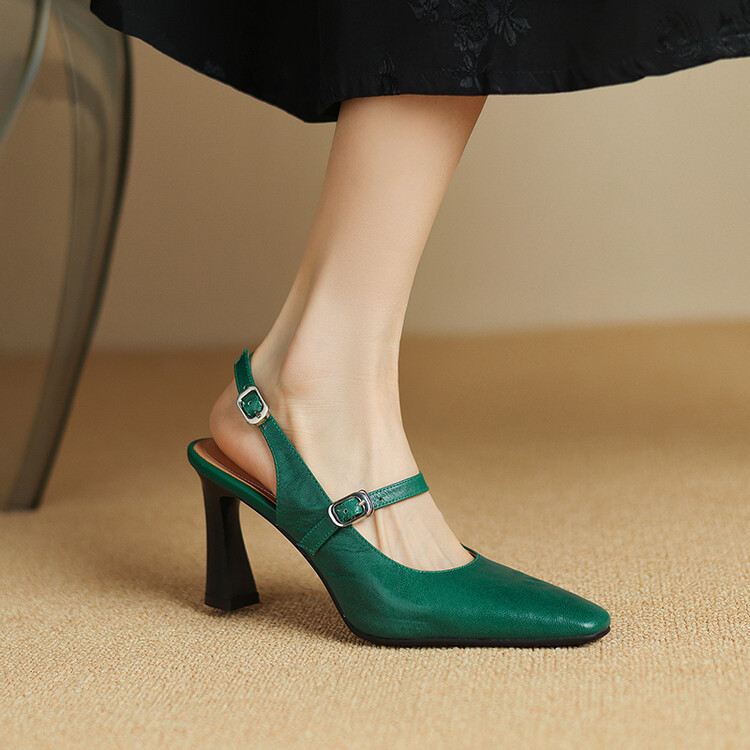 Soft Sheepskin Wrapped-toe Sandals Women's Summer New Fashionable Square-toe One-line Buckle-strap Mary Jane Women's Shoes Rear Empty High-heeled Shoes