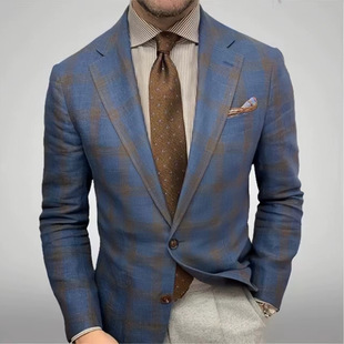 Cross-border European and American Casual Men's Suit Jacket Single-breasted Plaid Print Retro Commuter Youth Jacket