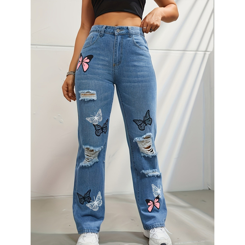 Designed Ripped Butterfly Print Jeans for Women Straight High Waist American Style Personalized Street Trendy Jeans 2025