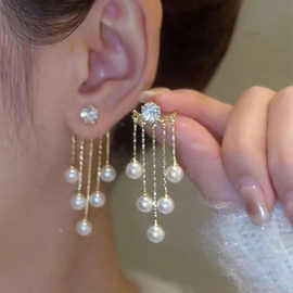 韩版高级感珍珠流苏耳环时尚气质小众设计感复古网红耳坠两戴款