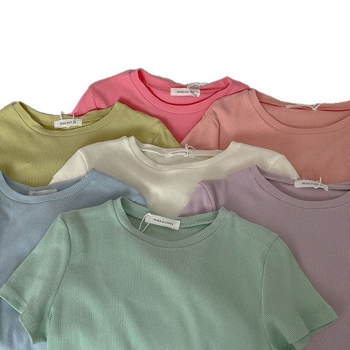 Women's Summer New Indie Casual Matchable Crew Neck Ribbed Short Sleeve T-Shirt Wholesale