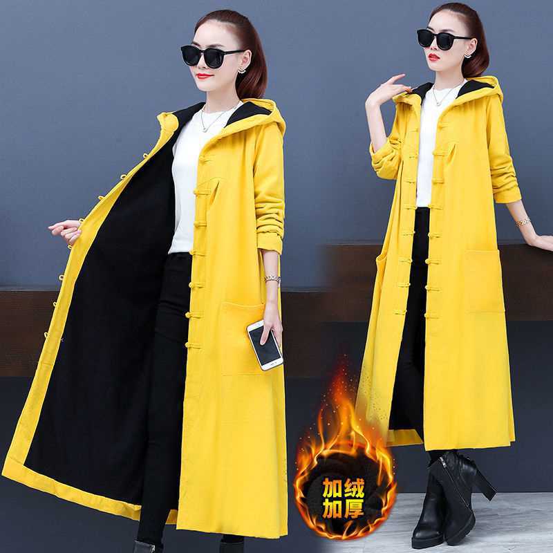 2026 New Style Fleece-Lined Thick Warm Retro Ethnic Style Trench Coat for Women, Autumn and Winter, Long Fleece-Lined, Plus Size Outerwear