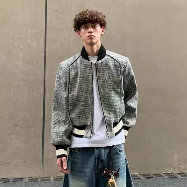 Autumn and Winter Men's Light Luxury Chanel-Style Knitted Thick Floral Baseball Jacket Trendy Brand Zipper Silhouette Slim Coat Men