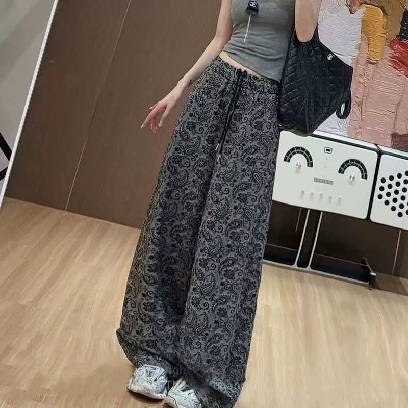 Повседневные брюки с винтажным принтом для женщин, новые летние стильные универсальные прямые широкие брюки с эластичной резинкой на талии