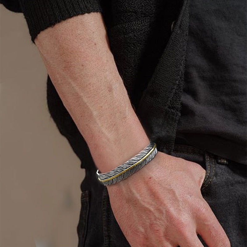 Tang Pattern Feather Bracelet Opening Men's Fashionable Personalized All-match Retro Bracelet Opening Bracelet Cross-border Jewelry Supply