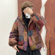 高性价比民族风棉外套女2025冬季新款连帽长袖国风印花短款花棉袄