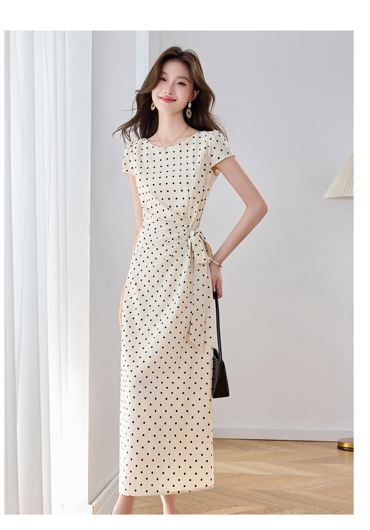Đầm maxi nữ thắt eo tay ngắn họa tiết chấm bi phong cách nghỉ dưỡng — màu đen, màu trắng chi tiết 11