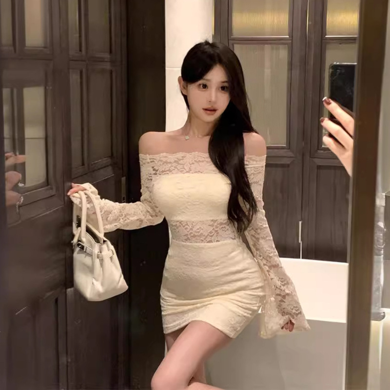 Socialite off-shoulder bell-sleeve lace dress women's winter waist tight skirt pure sexy hip skirt