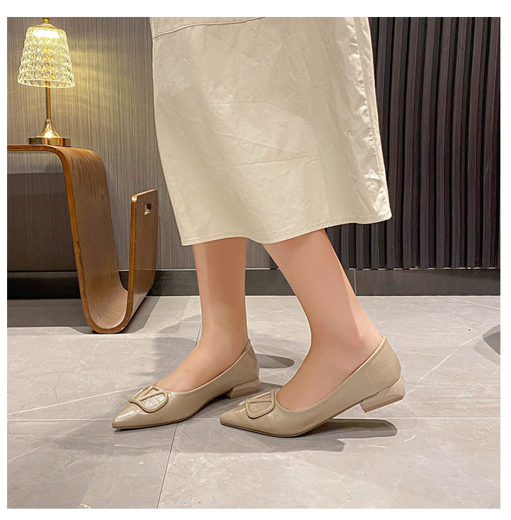 Giày cao gót nữ mũi nhọn khóa vuông da mềm gót thấp 3 cm — màu đen, màu đỏ, quả mơ chi tiết 17