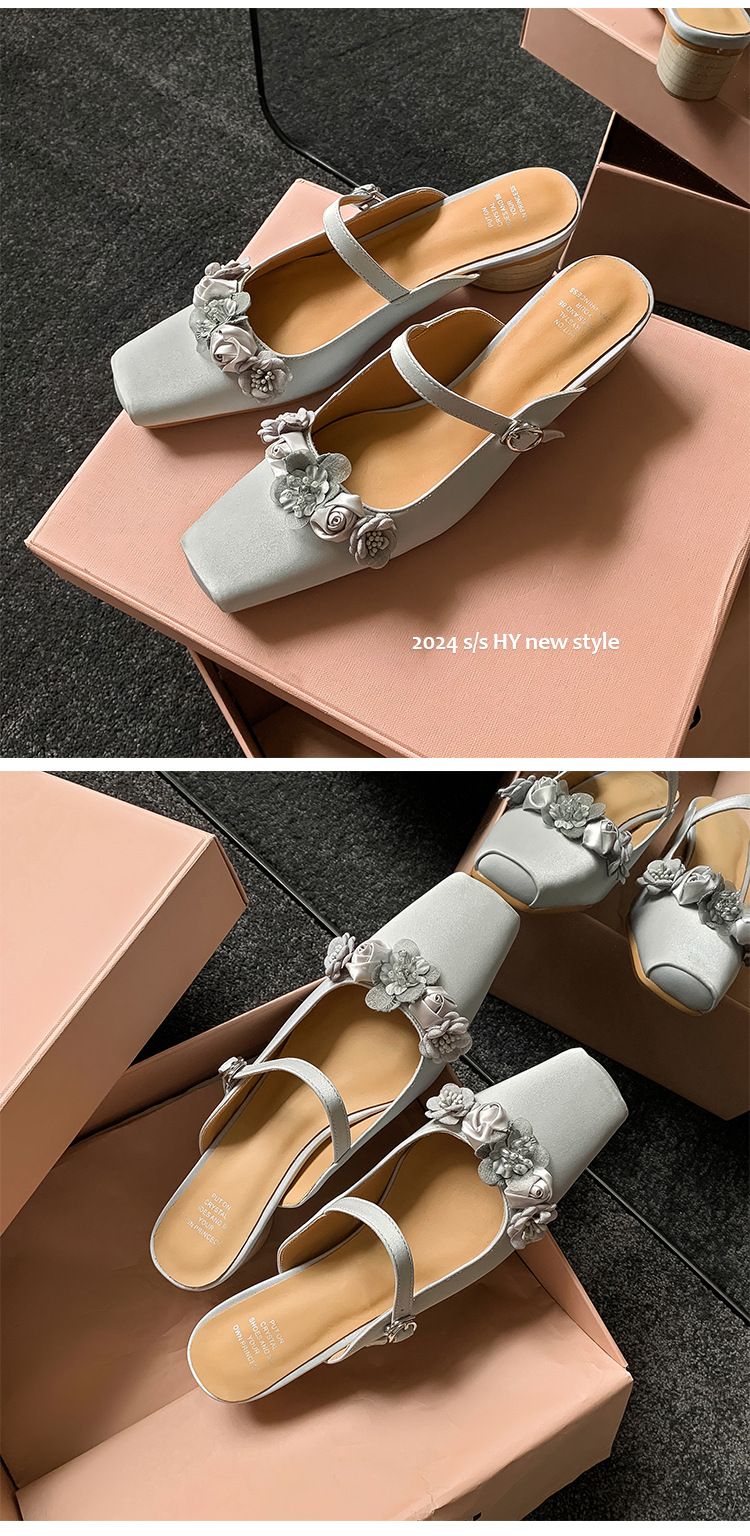 Dép Mule nữ phong cách Trung Hoa mới mũi hoa Mary Jane nửa kín — màu hồng chi tiết 15