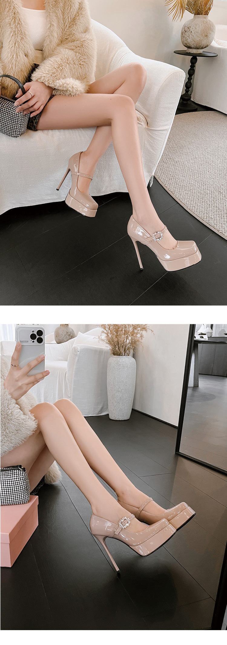 Giày cao gót Mary Jane mũi vuông quai ngang một khóa, gót nhọn 9 cm, đế platform, phong cách lễ tân dẫn chương trình — Trần truồng hồng, màu đen chi tiết 9