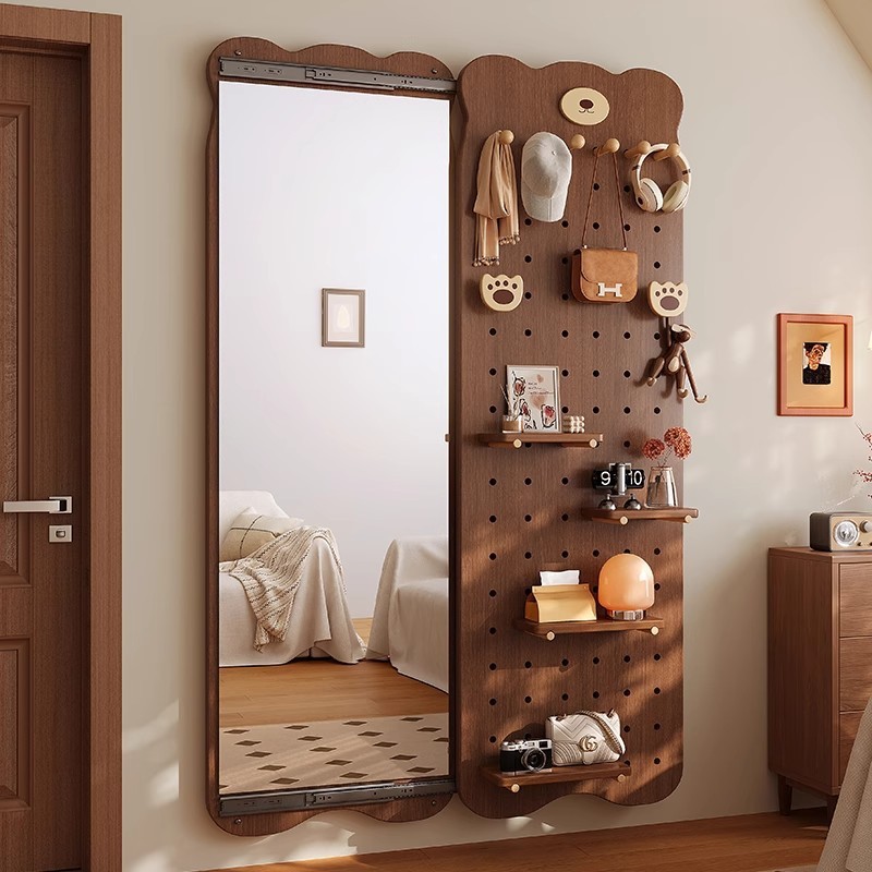 Carefully Selected Solid Wood Perforated Board Dressing Mirror, Hidden Full-Length Mirror, Sliding and Closable Wall-Mounted Entryway Fitting Mirror
