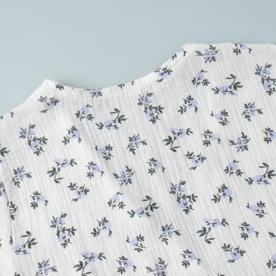 Đầm liền cotton in hoa cổ chữ V tay bồng buộc dây lưng cao — Hoa oải hương, Hoa tulip màu hồng, Màu be, Màu hồng chi tiết 14