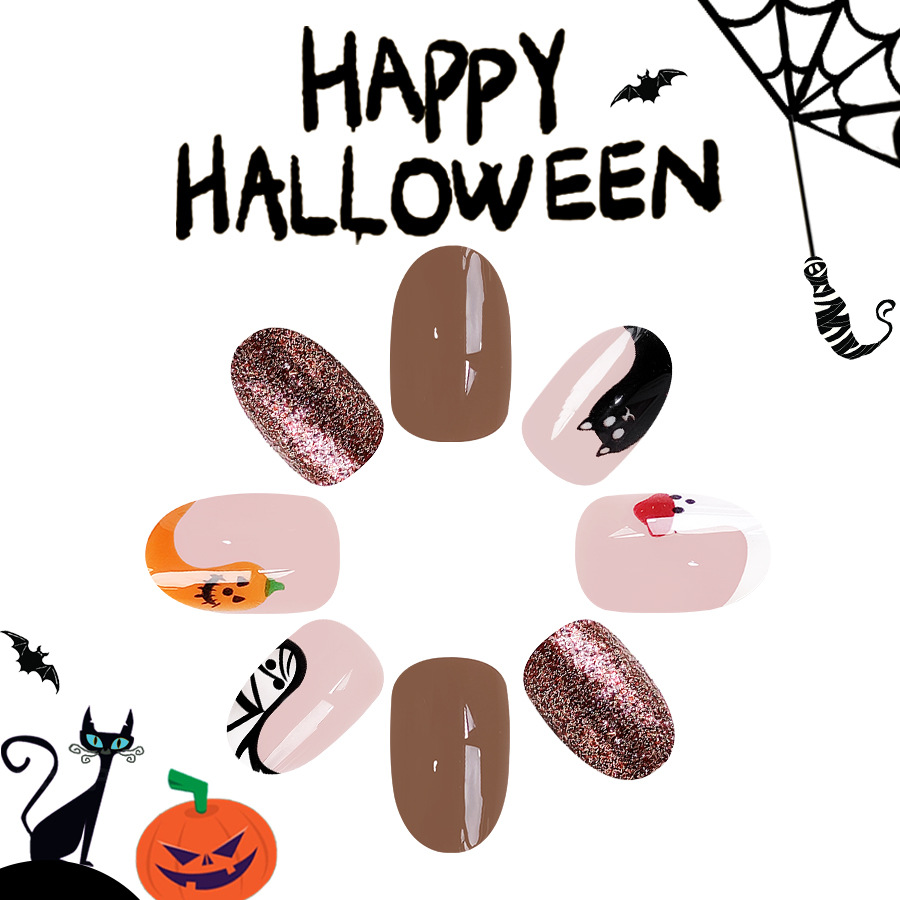 Short oval bright almond cute ghost pumpkin flash 20.24 million holy day nail art new wear armor 24 pieces_voghion.com