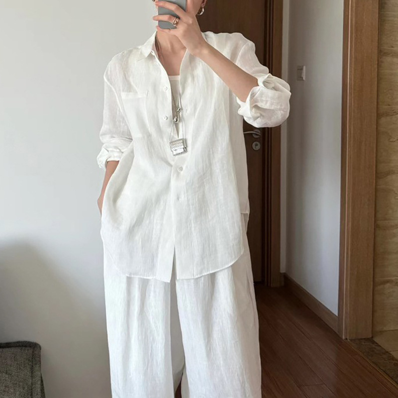 Lao Qian Feng Linen suit Women's Shirt Summer New Fashion Sunscreen White Cotton Linen Shirt High-grade Sense Wide-leg Pants