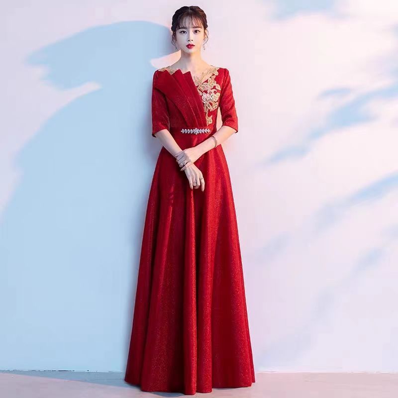 大合唱団パフォーマンス服女性のロングスカート学生赤い歌朗読服ホスト宴会気質スリムイブニングドレス女性|undefined