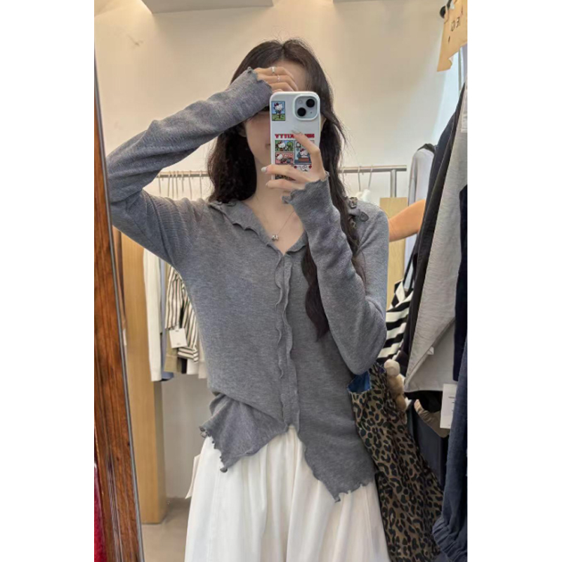 灰色V领边长袖针织打底衫女2025早秋季新款修身内搭毛衣上衣百搭|undefined