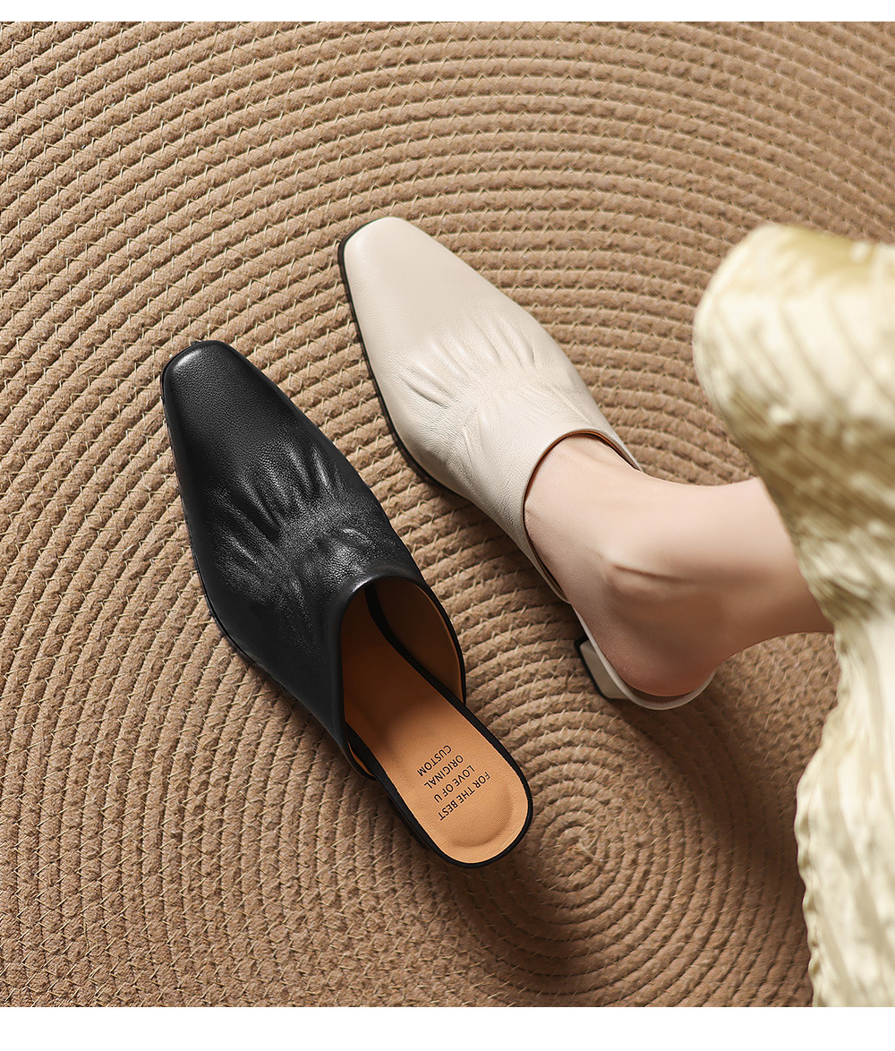 Sandal nữ bít mũi hở gót cao gót thô 5 cm, da bò mùa xuân hè — đen chi tiết 2