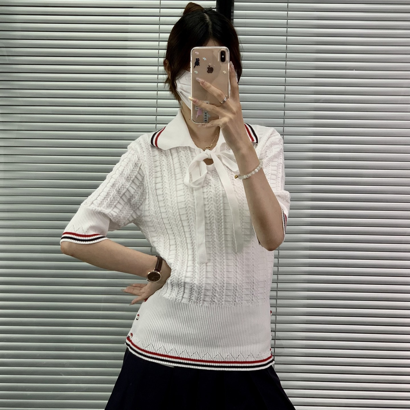 High-quality summer short-sleeved cotton knitted collared top with bow for women
