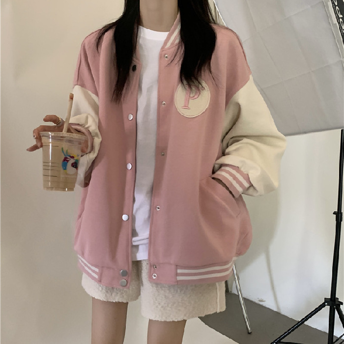 撞色棒球服女秋季2025新款复古宽松中长款字母刺绣BF风长袖外套女|undefined