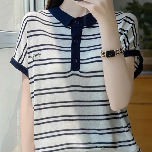 Baby Collar Striped Short Sleeve T-Shirt for Women - Summer 2025 Base Shirt for Women - Stylish Women's Fashion Chiffon Knit Top