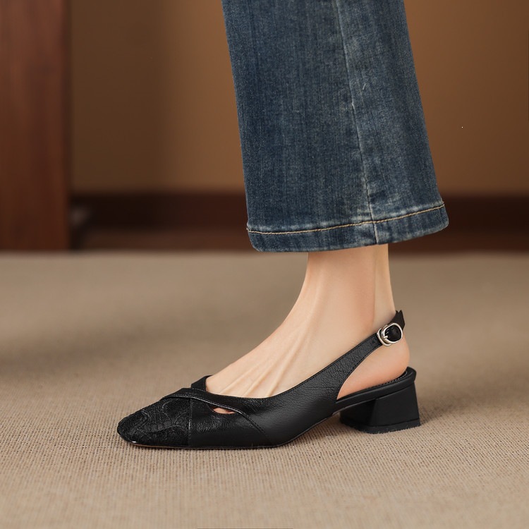 Sandal cao gót nữ hở mũi da cừu lưới phối màu quai ngang khóa — màu đen, màu trắng ngà chi tiết 74