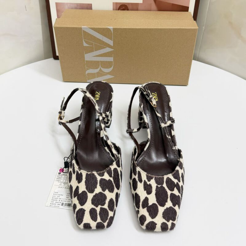 Za2026 Spring New Women's Shoes Leopard Print Chunky Heel Pointed Toe Shallow Backless High Heel Mules Versatile Fashion Sandals