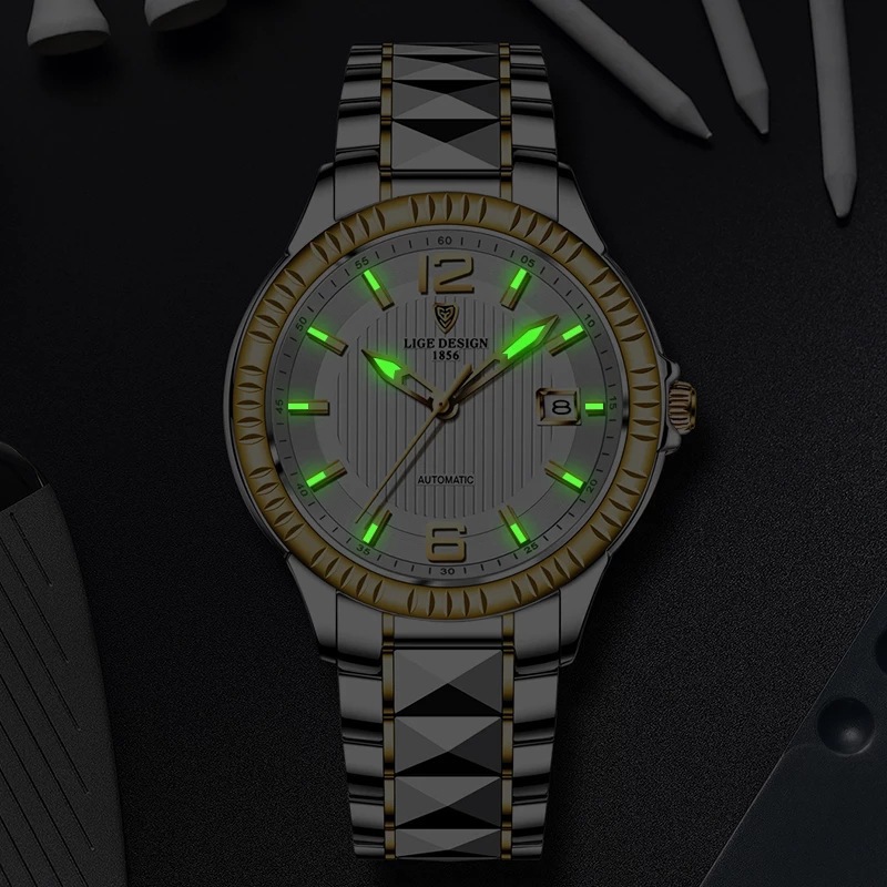 LIGE transfronterizo creativo nuevo reloj mecánico para hombres correa de acero de tungsteno reloj impermeable profundo entrega de una pieza