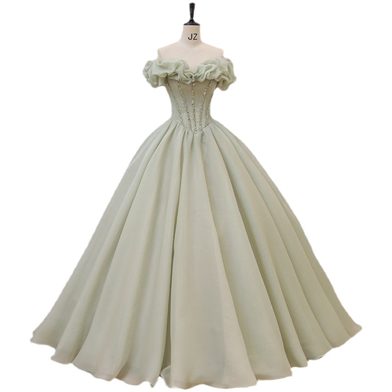 Vestido verde de un solo hombro falda tutú 2025 nuevo estudiante música vocal prueba de arte traje de presentación anfitriona de la fiesta femenina