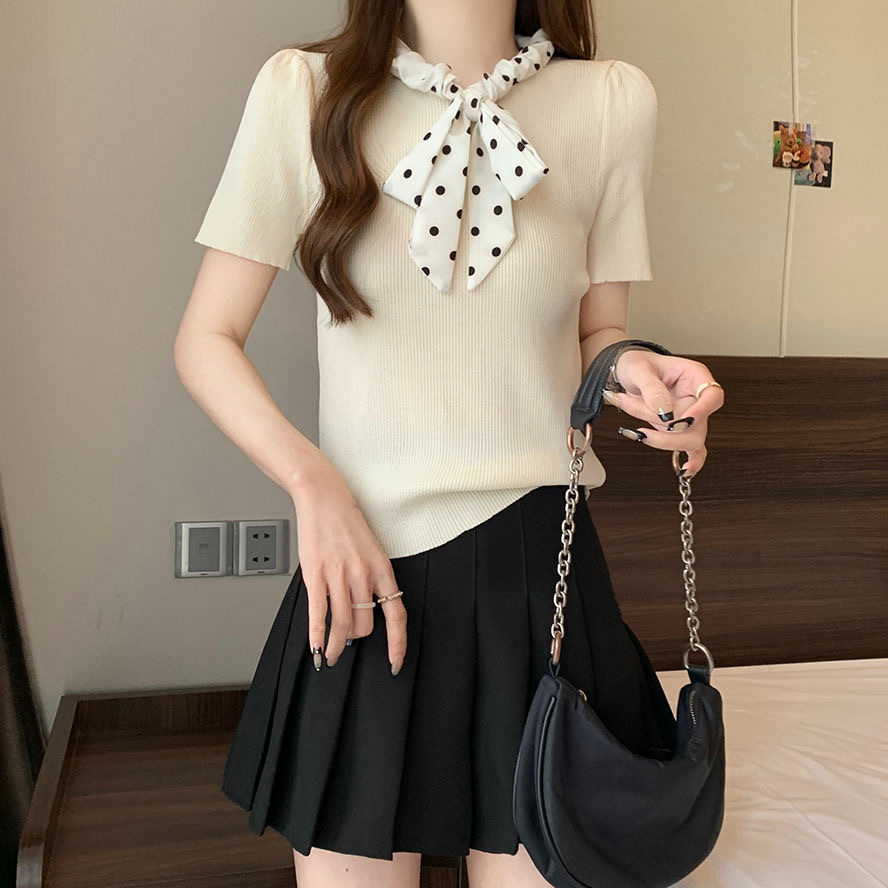2024 neuer Sommer süßer Polka Dot-Pullover mit Kordelzug, kurzärmeliges Eisseide-Bauchbedeckung, kleines duftendes Streifenoberteil für_voghion.com