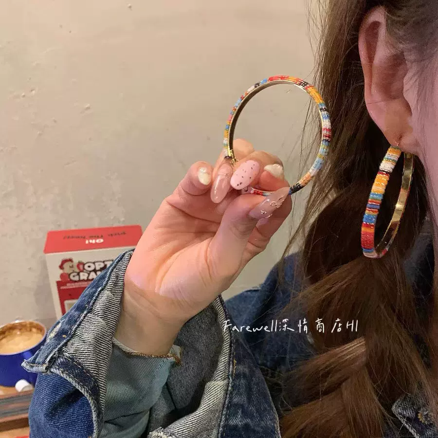 绒布彩虹色彩耳圈秋冬氛围感多巴胺圈圈耳环夸张个性百搭显瘦耳环