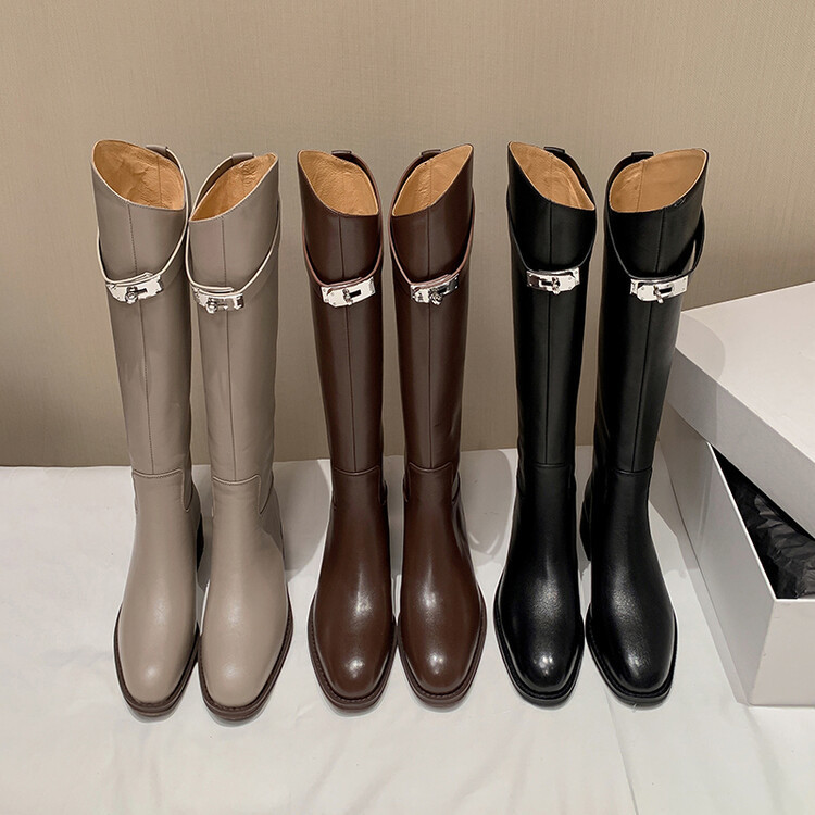 Cowhide silver buckle Knight boots Women's straight boots autumn and winter new solid color round toe mid heel slip-on knee-high boots Cowhide silver buckle Knight boots Women's straight boots autumn and winter new solid color round toe mid heel slip-on knee-high boots