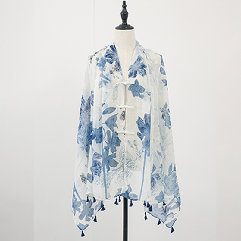 Chal de verano con falda, estampado de verano, nuevo estilo chino, bufanda de seda con hebilla, chal de protección solar, chaleco pequeño